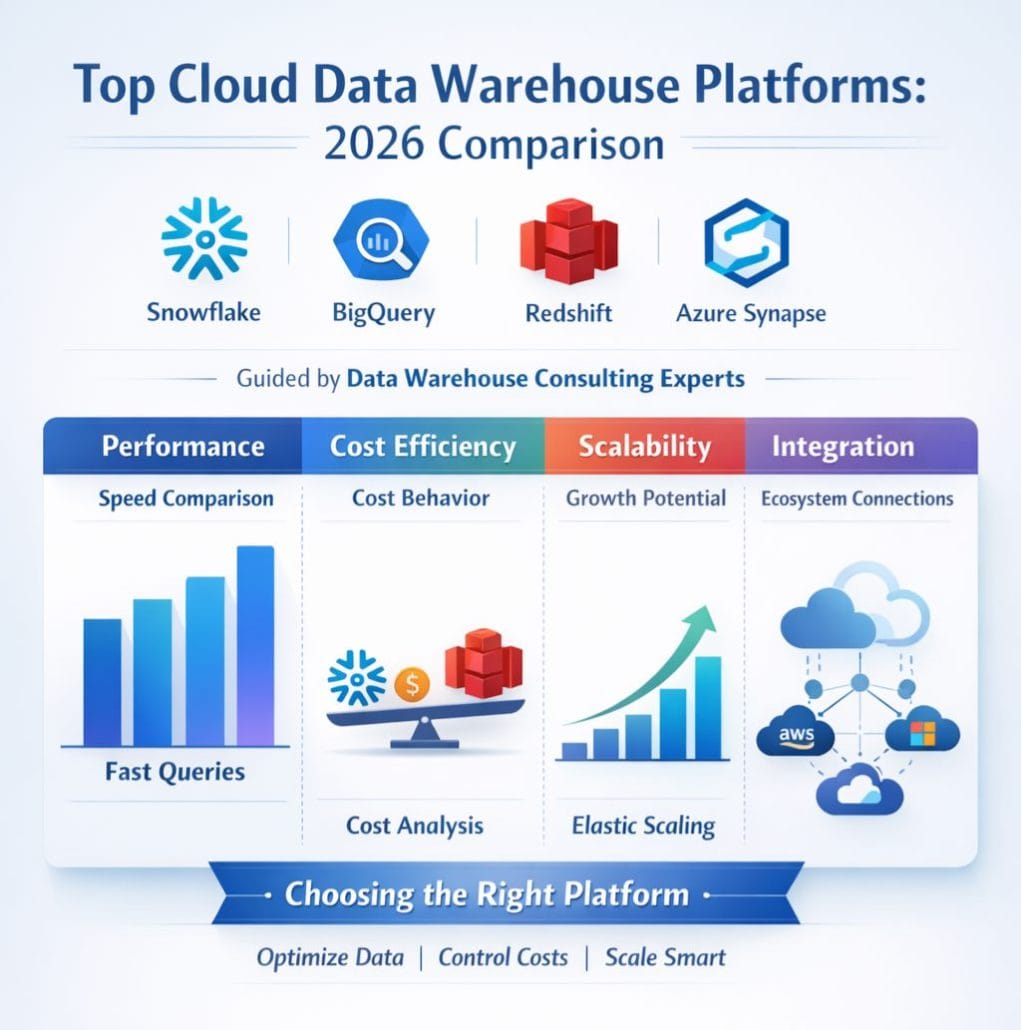 Top Cloud Data Warehouse Platforms: Snowflake, BigQuery, Redshift, Azure Synapse – 2026 Comparison 2 Cloud Data Warehouse Consulting